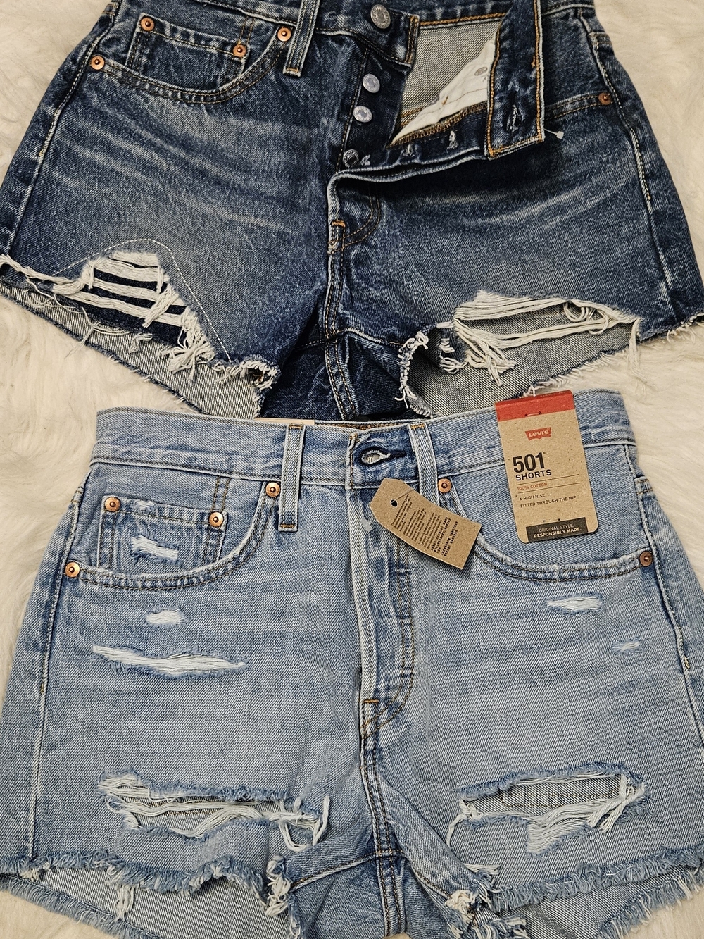 Levi's Distressed Denim Shorts in Dark Indigo and Light Blue